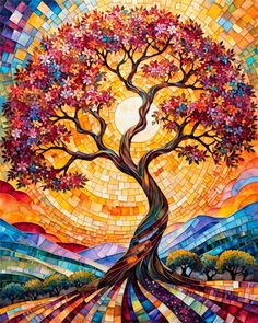 a painting of a tree with colorful colors