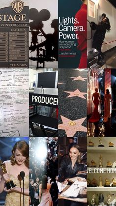 the collage shows various images of people and their oscars trophies, including an award for best actress in a motion