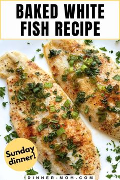 baked white fish recipe on a plate with text overlay