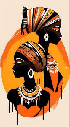 two african women are depicted in an orange and black painting on a white background,