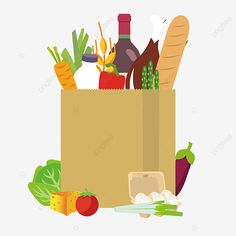 a brown paper bag full of food and vegetables, illustration, cartoon png and psd