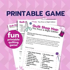 the printable game for quilt shop hops is shown in front of pink background