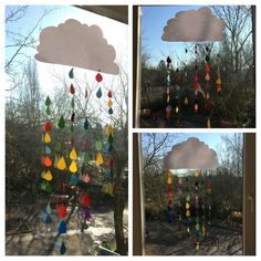 three pictures of clouds and raindrops hanging from the window