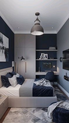 a bedroom with blue walls and white carpeted flooring, built in shelving units