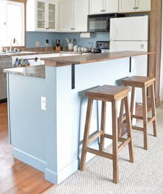 a kitchen with two stools next to an island