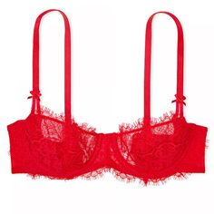 Gorgeous Bright Red Lingerie Bra With Cute Bows On Straps! Unlined Lace Cups With A Mesh Back. 3 Adjustable Options On Back Along With Adjustable Straps. Only Worn Once. Reds Not My Thing! Beautiful Bra Though. Red Bra Aesthetic, Red Low-cut Party Bra, Elegant Red Bra With Lace Trim, Fitted Red Lace Bra, String Bra For Night Out, Red Victoria Secret, Bra Art, Sequin Bra, Red Lace Bra