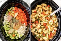 two pictures showing different types of food in the crock pot, including pasta and vegetables