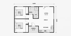 the floor plan for a small house with two bedroom and an attached kitchen, dining area