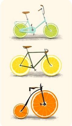 three different types of bicycles with oranges on them