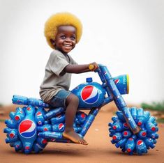 a young boy riding on top of a blue bike made out of soda cans with an afro wig