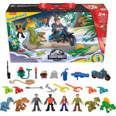 a box with toys in it that include dinosaurs and men riding on motorbikes