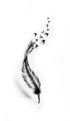 a black and white drawing of a feather with birds flying by it's tail