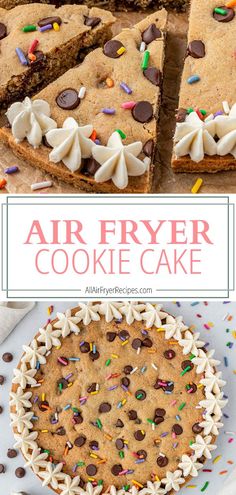 an air fryer cookie cake with white frosting and sprinkles