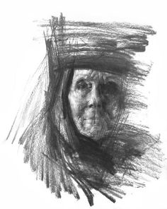 a drawing of an old woman's face in black and white, on a piece of paper