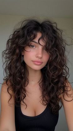 Haircut Ideas For Thick Curly Hair, Waterfall Haircut Curly, Long Curly Brown Hair With Bangs, 2b And 2c Hairstyles, Wolfcut Hair Long Wavy With Bangs, Layered Hair Wavy Curly, Shag With Long Layers, Curly Hair Long Haircut, Long Bangs With Curly Hair