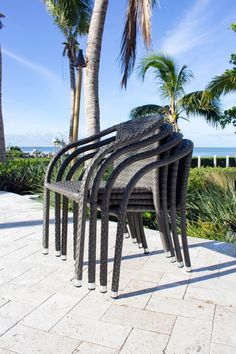 a row of chairs sitting on top of a sidewalk next to palm trees and the ocean