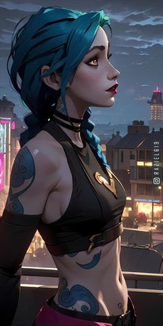 a woman with blue hair and tattoos standing in front of a cityscape at night