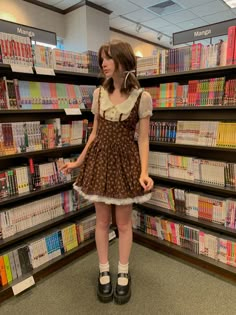 brown haired girl in bookstore looking at manga wearing liz lisa dress with petticoat, white frill socks, and mary janes Platform Mary Janes Outfit, Self Timer Photos, Bookstore Outfit, How To Style Mary Janes, Timer Photos, Outfits With Mary Janes, Platform Shoes Outfit, Mary Jane Outfit, Mary Jane Shoes Outfit