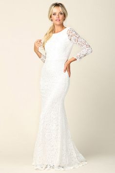 Look your best on your special day with this beautiful white long sleeve lace floor length wedding gown. Its exquisite long lace sleeves add an elegant touch for a classic look. With its high quality material, it will keep you comfortable throughout your wedding day. Lace Imported Zipper closure Dry Cleaning XS 0-2 31-32.5'' 23-24'' 31-34" S 4--6 33-35'' 25-26'' 35-37" M 8--10 35-36'' 27-28'' 38-39" L 12--14 38-40'' 29-31'' 40-42" XL 14-16 40-42'' 33.5-36'' 44-46" 2XL 18-20 42-44'' 37-40'' 47-50 Long Lace Sleeves, Winter Knit Hats, Chiffon Gown, Chiffon Long Sleeve, Look Your Best, Winter Knits, Lace Sleeves, Long Sleeve Lace, Wedding Gown