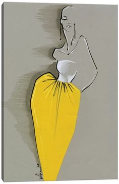 a drawing of a woman in a yellow dress