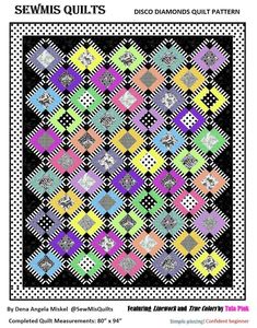 a quilt made with different colors and patterns on the front, along with text that reads sewis quilts disco diamonds quilt pattern