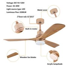 an image of a ceiling fan with wooden blades and light bulbs on the bottom side