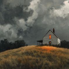 a painting of a house on a hill with dark clouds in the sky above it