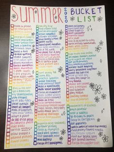 the summer bucket list is shown on top of a piece of paper with colorful writing