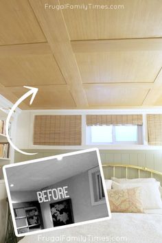 before and after photos of a bedroom ceiling with wood paneling, white bedding and pillows