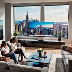 two women sitting on couches in front of a large window with cityscape