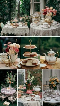 a collage of photos with tea pots, plates and flowers in them on a table