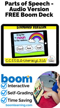 an ipad with the text, parts of speech - audio version and free boom deck