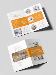 an orange and white brochure is open to show the interior design