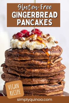 gluten - free gingerbread pancakes with whipped cream and cranberries on top