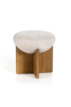 a wooden stool with a white cushion on the top and bottom, in front of a white background