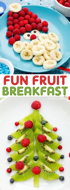 a christmas tree made out of kiwis and berries on a plate with the words fun fruit breakfast