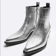 Zara Metallic Cowboy Boots/Booties - Topstitching Detail On The Upper - Back Pull Tab For Slipping On With Ease - Pre-Owed In Great Condition Minor Signs Of Use, Barely Noticeable, Scratch To Inner Ankle Part On Left And Right Heel - Color May Vary Due To Screen Resolution Or Photo Lighting Zara Cowboy Boots, Metallic Cowboy Boots, Silver Cowboy Boots, Cowboy Boots Men, Mens Cowboy Boots, Western Cowboy Boots, Photo Lighting, Western Cowboy, Left And Right