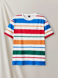 Men Colorblock Striped Print Knit Casual Short Sleeve T-Shirt Multicolor Casual  Short Sleeve Knitted Fabric Colorblock,Letter,Striped  Slight Stretch  Men Clothing, size features are:Bust: ,Length: ,Sleeve Length: Max Mayfield Striped Shirt, Shirts Striped, Derby Outfits, Printed Sleeveless Top, Tee Shirt Homme, Elegant Dresses Long, Casual Stripes, Sleeveless Tshirt, Boho Women