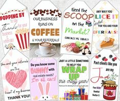 many different greeting cards with pictures of food and drinks on them, including coffee, donuts