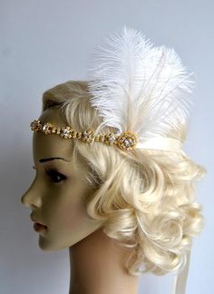 Gold Crystal Rhinestone Headband Headpiece, 1920s flapper gatsby Headband, Wedding Headband, Ivory G 1920s Hair Accessories, Gatsby Headband, 1920s Headpiece, Gold Peacock, Flapper Headband, Beautiful Hair Accessories, Headband Wedding, Feather Headband, Gold Headband