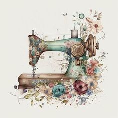 an old sewing machine with flowers painted on it's front and back sides, sitting in the center of a white background