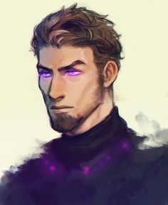 a drawing of a man with purple eyes and a black shirt, looking at the camera