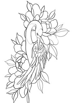 a black and white drawing of a parrot on a branch with flowers in the background