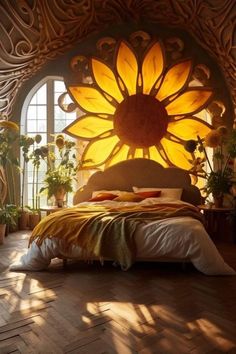 a bedroom with a large sunflower on the wall and wooden flooring, along with potted plants