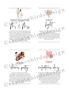 four different wedding gift tags with the words first, first, and last names on them