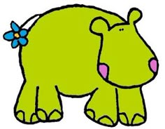 a green hippo with a flower in its mouth