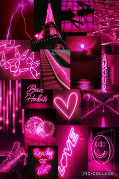 the collage shows neon signs and lights in different colors, shapes, and sizes