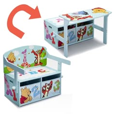 two winnie the pooh children's desks with storage bins on each side