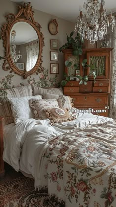 a bed sitting under a mirror next to a dresser