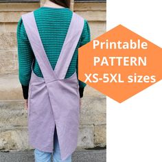 a woman wearing an apron with the words printable pattern xs - 5xl sizes